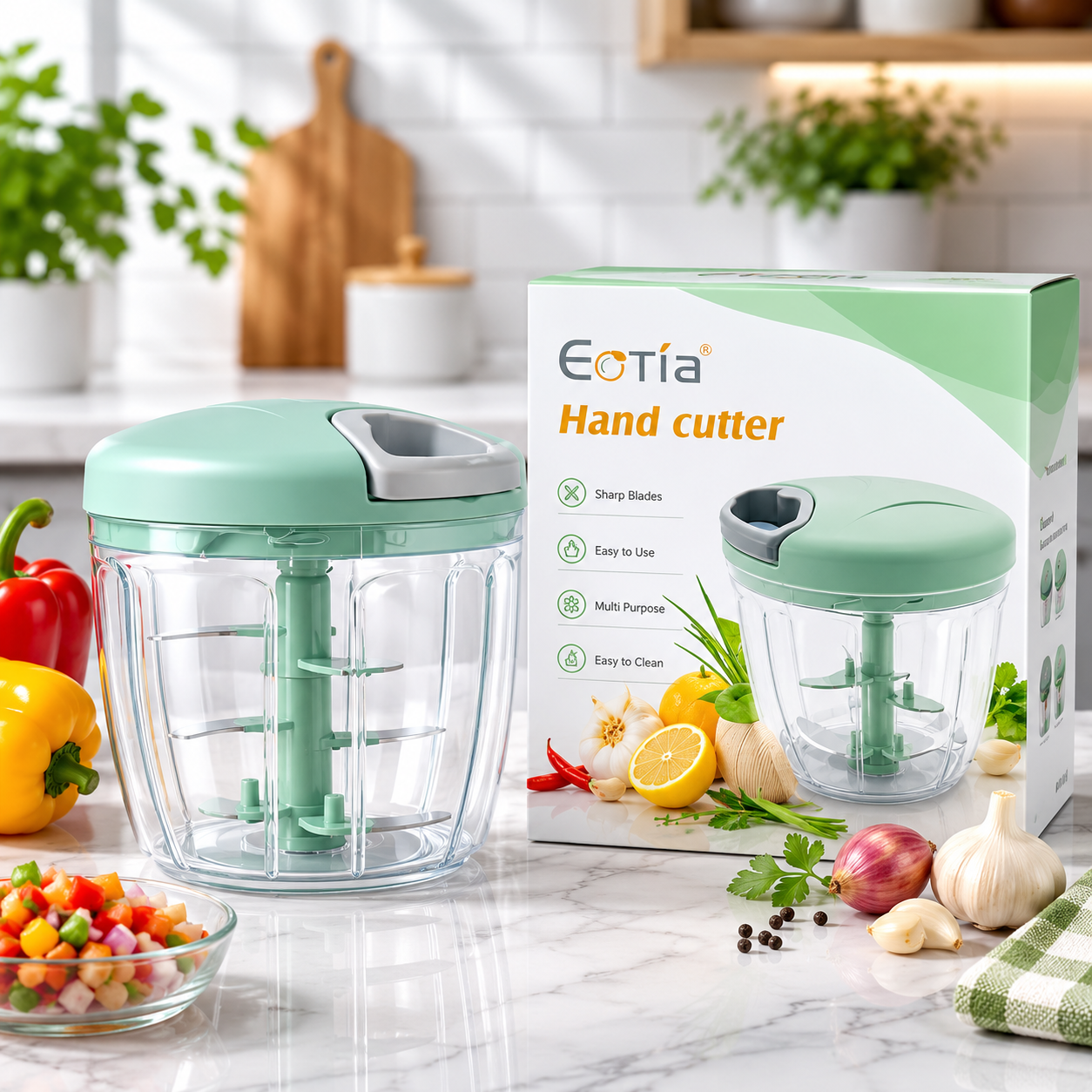 Manual Pull-String Household Vegetable Cutter & Meat Chopper – Multi-Function Hand - 3 Blade
